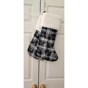 Tahari Black White Buffalo Plaid Faux Pearl Fur Christmas Stocking Set of 2